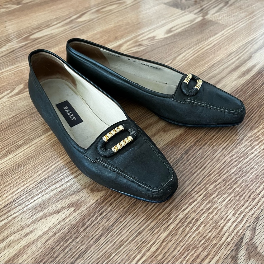 BALLY Olive Green Leather SELENA Loafers Gold Accent sz 8 - Picture 2 of 10